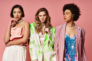 A group of beautiful women of different ethnicities standing elegantly in a row against a pink...