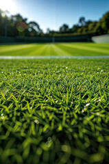Close-up of a grass tennis court, with the lawn freshly mowed just before a tournament