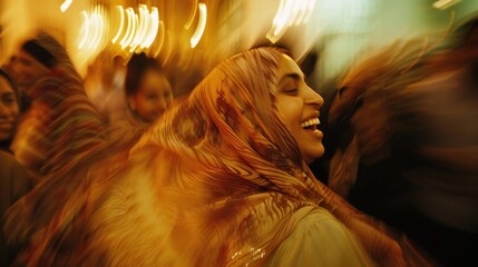 Veiled Injustice: Woman, blurred amidst laughter, a stark reminder of racial bias. - obrazy, fototapety, plakaty