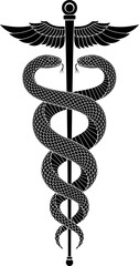 Vector tattoo design of two black snakes intertwined around winged staff in shape of Caduceus sign. Isolated illustration of commerce or medicine symbol.