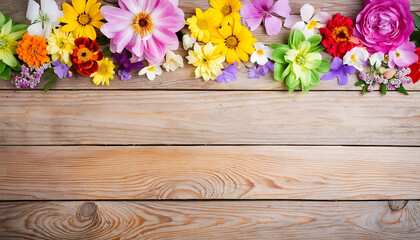 Colorful flowers over wooden table background. Wooden plank Backdrop with copy space. Yellow and white flowers on wooden background.  Top view. Mother's day and Valentine's Day template