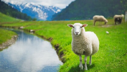 Fototapeta premium Psalm 23: The Lord is My Shepherd. The White Sheep In Green Pastures Besides The Still Waters.