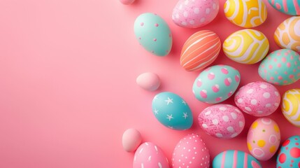 Fototapeta na wymiar Colorful Easter Eggs on Pink Background for Spring Holiday Celebrations with Copy Space, Top View, Flat Lay