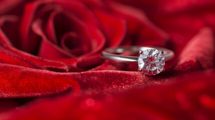 A diamond ring is set on a red velvet background
