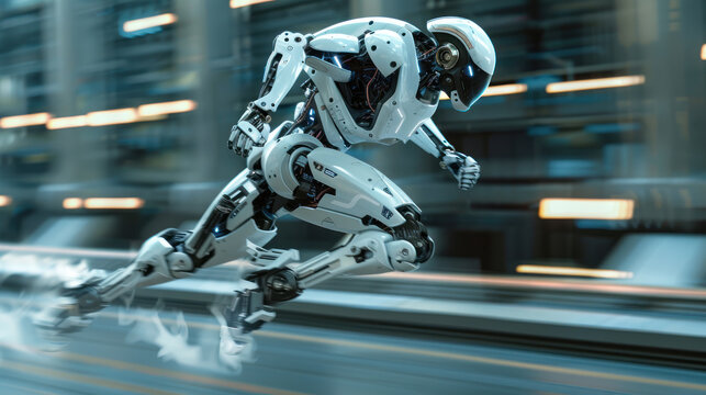 advanced technology . In the future, 40 years overtaking, a robot running utilizing rear curtain sync for dynamic motion effect, editorial photography