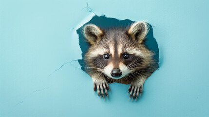 Cute raccoon peeking through a hole in a pastel blue cartoon background. An animal sticks his head and ears out of a hole. Colorful and creative background with copy space. Birthday and greeting card.