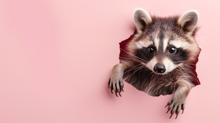 Cute raccoon peeking through a hole in a pastel pink cartoon background. An animal sticks his head and ears out of a hole. Colorful and creative background with copy space. Birthday and greeting card.