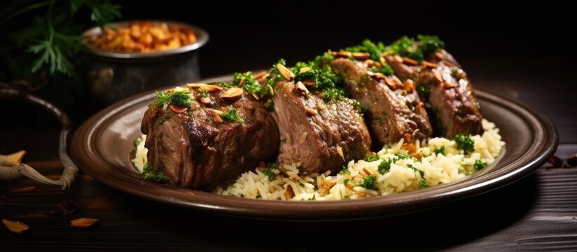 Traditional Arabian food called Arabic ouzi, stuffed lamb with rice, garnished with almonds, nuts, and parsley.