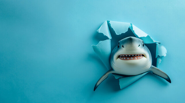 Fototapeta Cute great shark peeking through a hole in a pastel blue cartoon background. An animal sticks his head out of a hole. Colorful and creative background with copy space. Birthday and greeting card.
