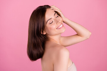 Fototapeta premium Photo of aesthetic attractive lady touch hair after applying shampoo for strong hairstyle isolated over pastel color background