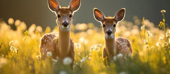 Meubelstickers A pair of roe deer standing together in a sunny summer field. © Sona