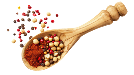 Coated peanuts paprika and pepper on wooden spoon isolated on white or transparent png