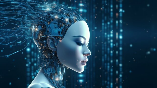 AI Artificial Intelligence concept. Woman robot face with brain of digital technology for deep learning,