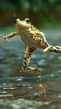 A frog is jumping in the water