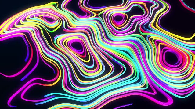 4k abstract bg with moving multicolor lines or ribbons forming curl noise on plane. Concept of abstract computing neural network or ai. Multicolor curved ribbons on plane. Luma matte as alpha channel.