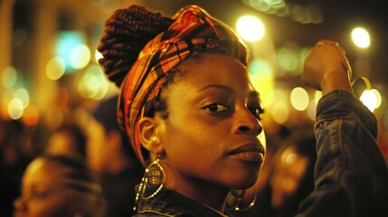 Obraz premium Voices of Resistance: Amidst the cacophony of racial discrimination, a woman's voice rises in defiance, demanding equality for all.