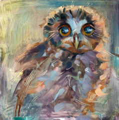 Realistic over abstract. Baby Owl with big eyes in the night, pet animal portrait traditional painting by oil and palette knife on a colored natural green and blue abstract background. - obrazy, fototapety, plakaty