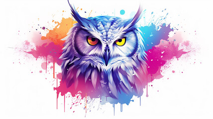 Wise owl, a forest bird with expressive eyes in colored splashes of watercolor paints - obrazy, fototapety, plakaty
