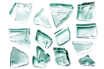 set of broken glass pieces isolated on white or transparent png