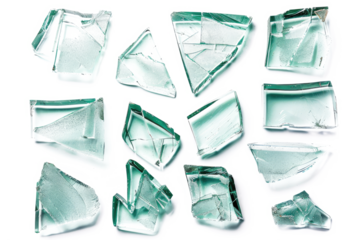 set of broken glass pieces isolated on white or transparent png