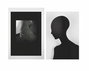 Abstract juxtaposition of woman's head and polka dot pattern in black and white photography