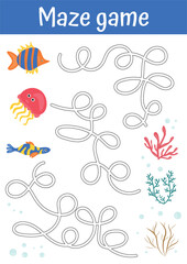Fototapeta na wymiar Maze game for kids. Tracing lines for children with with tropical fish elements. Handwriting practice for preschool, kindergarten. Printable worksheets, activities for children, logical games.