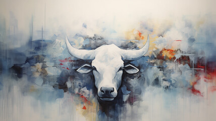 portrait of a cow, art work painting in impressionism style, light background white and blue shade design, background copy space