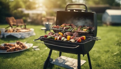 A sunny summer barbecue: grilled veggies & meats sizzle on the grill against a lush green backdrop. - Powered by Adobe