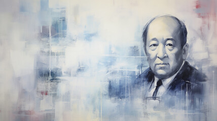 man, portrait of an Asian businessman man, impressionism paint painting, light white and blue, background copy space