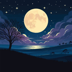 free vector Moonlight landscape with tree silhouette