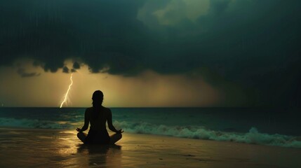 Person Meditating on Beach With Storm in Background