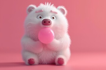 Fototapeta na wymiar White bear with pink ball in mouth in 3D illustration standing in a snowy landscape