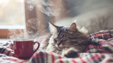 Fluffy Cat Resting Next to Coffee Cup on Bed