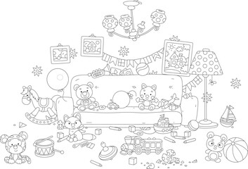Nursery room with a sofa and toys scattered in mess after a funny game of hide and seek and romping of little kids, black and white vector cartoon illustration for a coloring book