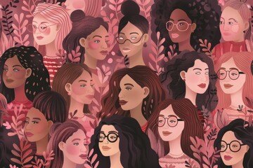 Fototapeta premium A pattern of women in different models and races illustration style in pink red pale color scheme, AI Generated