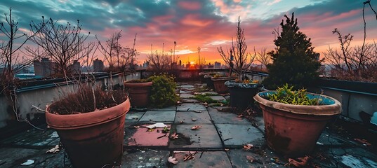 Urban Decay: Neglected Planters in a Desolate Rooftop Garden, Against the Backdrop of a Setting Sun and the Looming City Skyline in the Distance