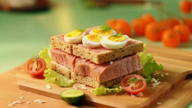 A sandwich with ham, eggs, and lettuce is on a wooden cutting board
