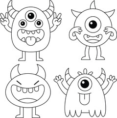 Happy Halloween Day. Set of cute monster isolated on white background cartoon character coloring page for kids. Funny animal outline illustration