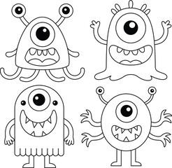 Happy Halloween Day. Set of cute monster isolated on white background cartoon character coloring page for kids. Funny animal outline illustration
