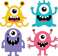 Happy Halloween. Set of funny monster colorful silhouette. Cute cartoon kawaii baby character. Eyes horn teeth fang tongue.