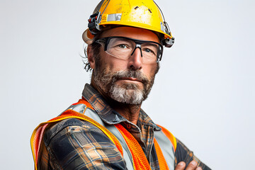Fototapeta premium construction worker with yellow hamlet isolate on a white backround. Builder