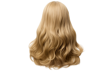 Stylish hair wig with trendy design isolated on background, front view, fashionable hairstyle concept.