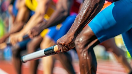 Close-up of a baton exchange in a relay race showcasing teamwork, dynamics, and competitive sports, concept of athletics and teamwork