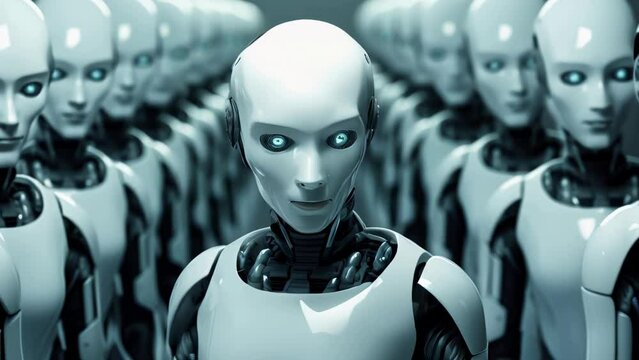 A group of robots are lined up in a row, all with blue eyes and white bodies