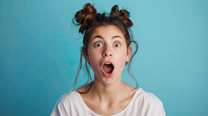 Surprised Screaming young woman on pastel blue background