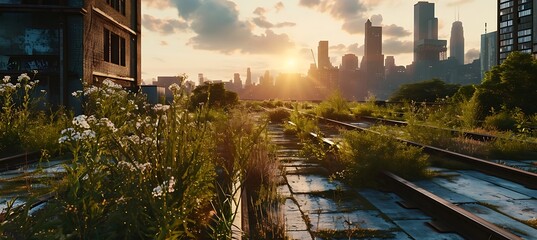 Silent Solitude: The Forgotten Rooftop Oasis in Urban Decay, Where Neglected Planters Echo the City's Distant Skyline, Under the Embrace of a Setting Sun - obrazy, fototapety, plakaty