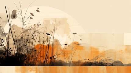 An abstract painting that includes lots of leaves and grasses, in the style of light orange and black