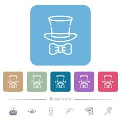 Top hat and bow tie outline flat icons on color rounded square backgrounds