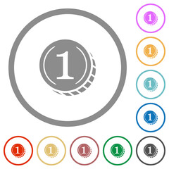 Coin with number one flat icons with outlines