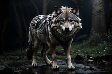A lone wolf stands in a shallow creek in a dark forest